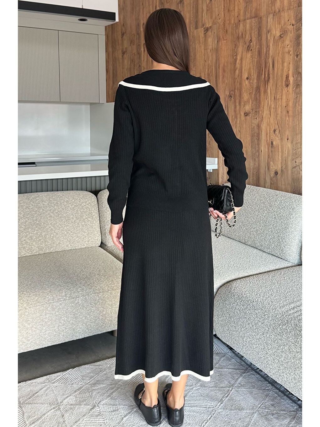 Siyah Bebe Yaka Hırka Görünümlü Bluz Etek Triko İkili Takım-3