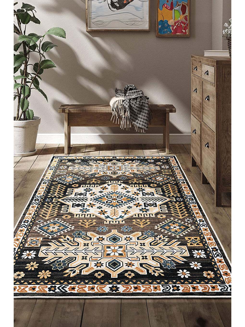 Kahverengi Dekoratif Özel Tasarım Yıkanabilir İnce Kaymaz Tabanlı Modern Halı KECE FR26-1