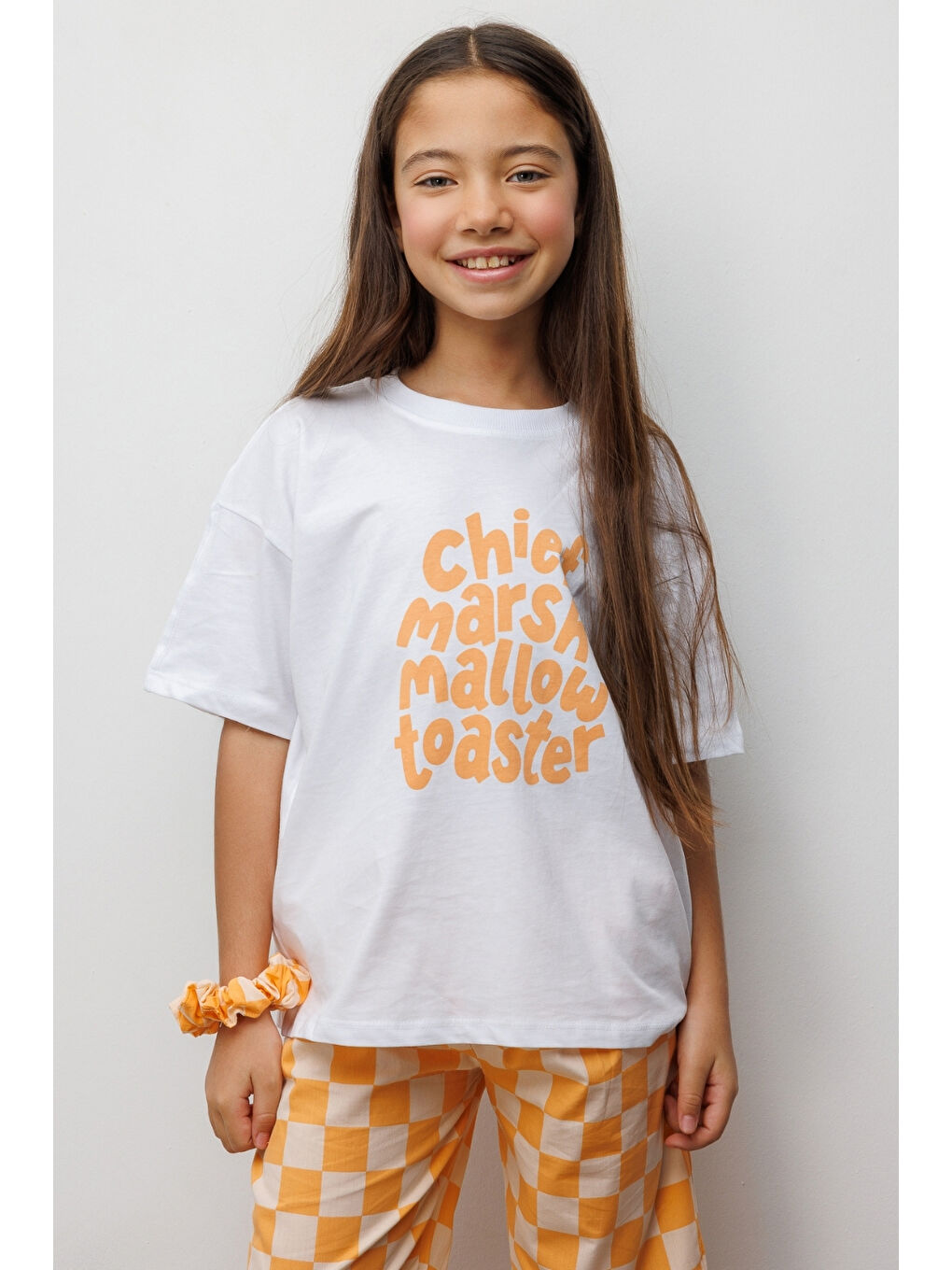 Turuncu Motto Baskılı Dama Desenli Çocuk Tişört Pantolon Takım - Lucia-2