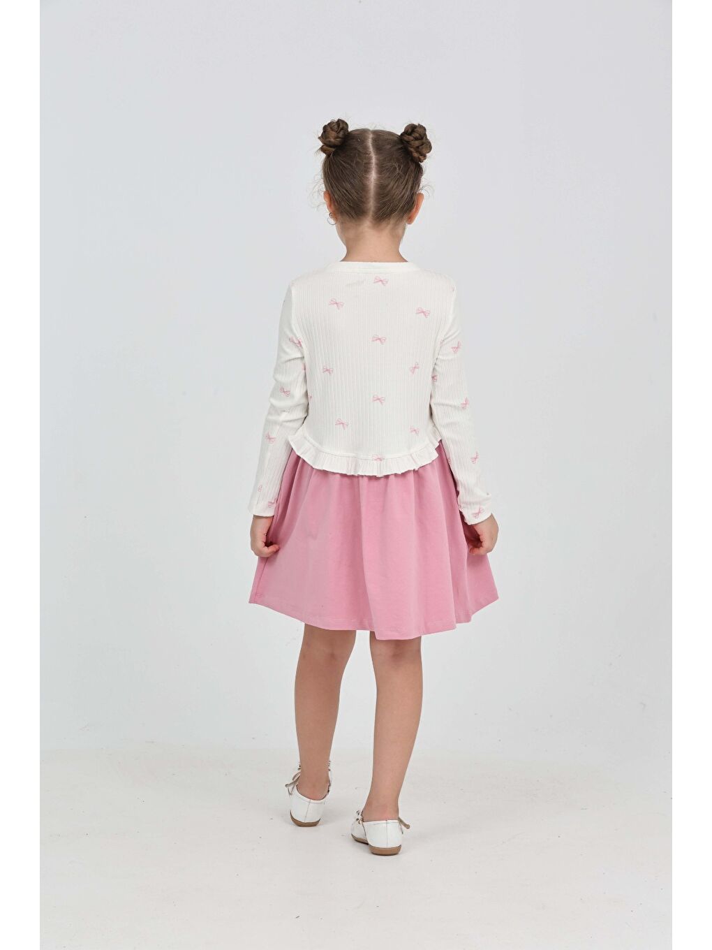 Pembe Kız Çocuk Fiyonk Baskılı Elbise-4