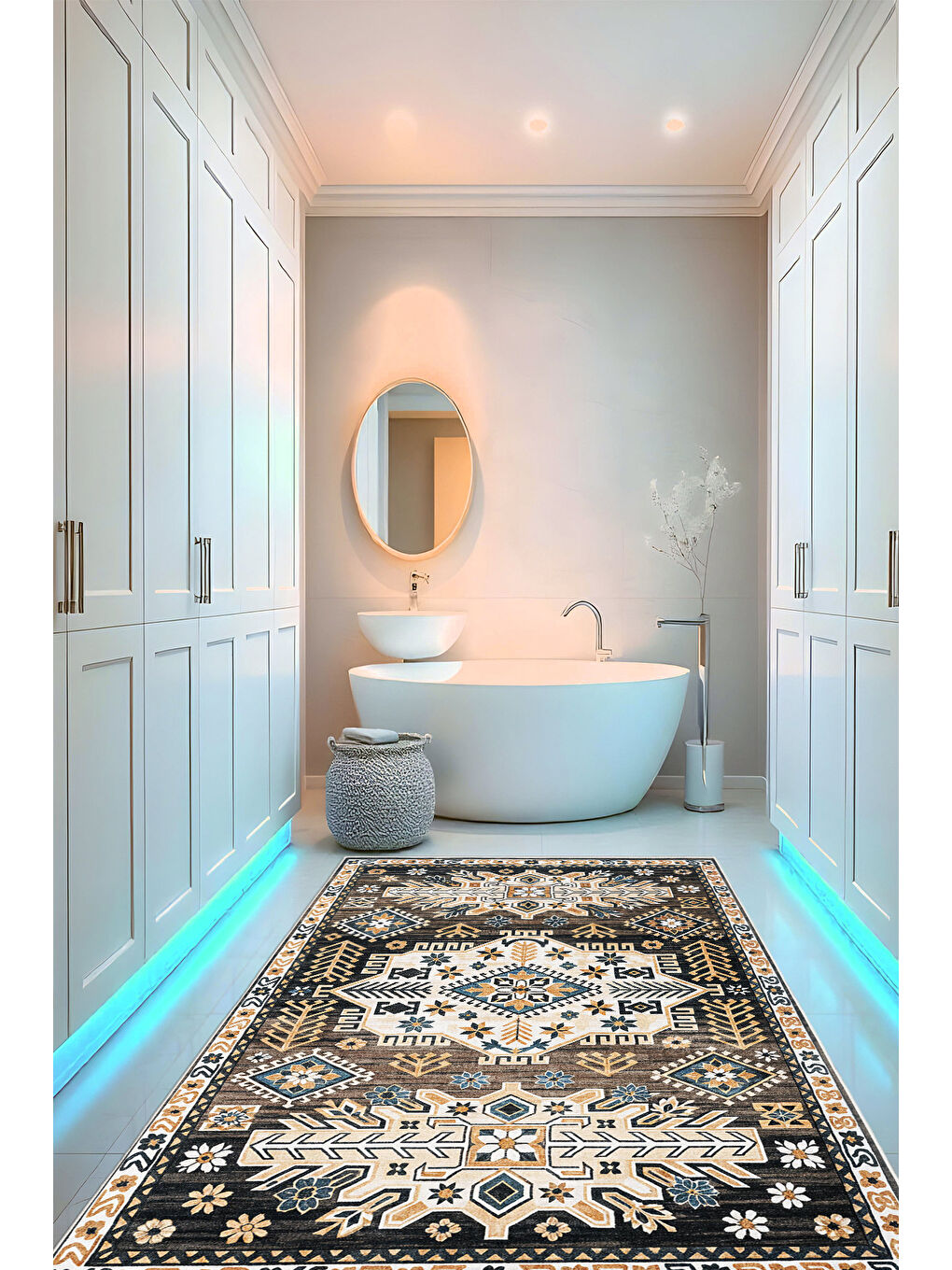 Kahverengi Dekoratif Özel Tasarım Yıkanabilir İnce Kaymaz Tabanlı Modern Halı KECE FR26-3