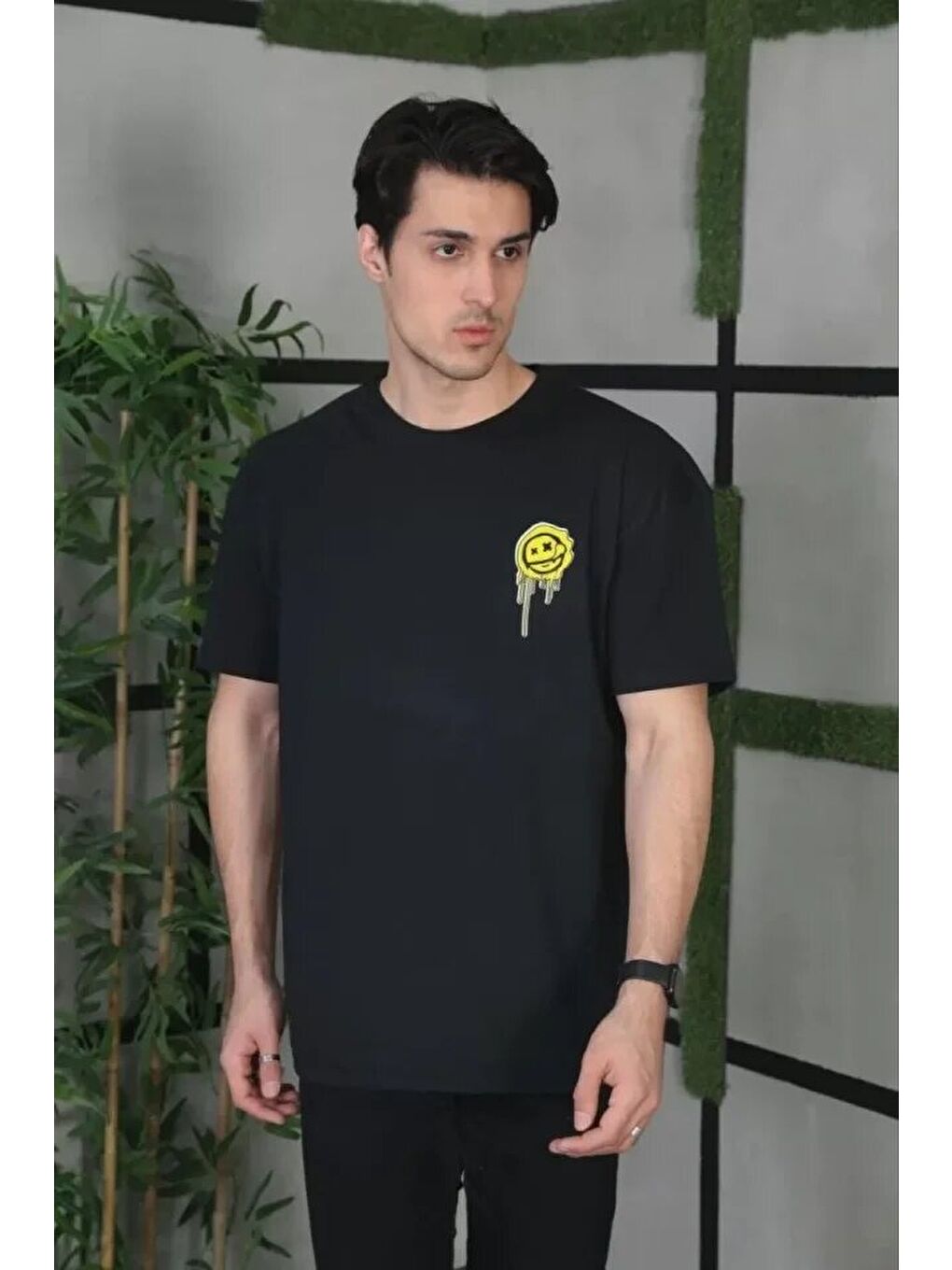 Unisex Bisiklet Yaka Baskılı Oversize T-Shirt - Siyah-1