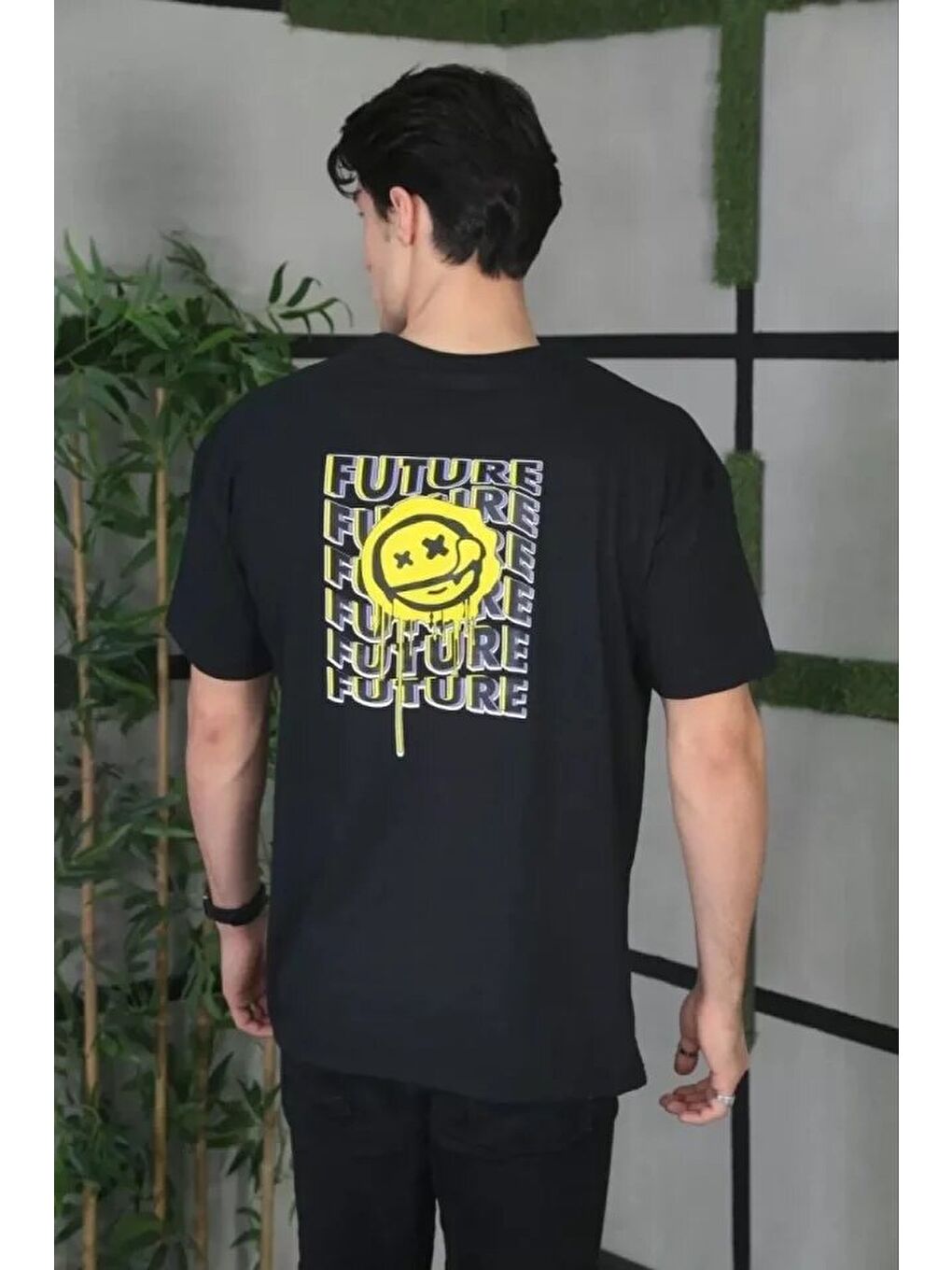 Unisex Bisiklet Yaka Baskılı Oversize T-Shirt - Siyah-2