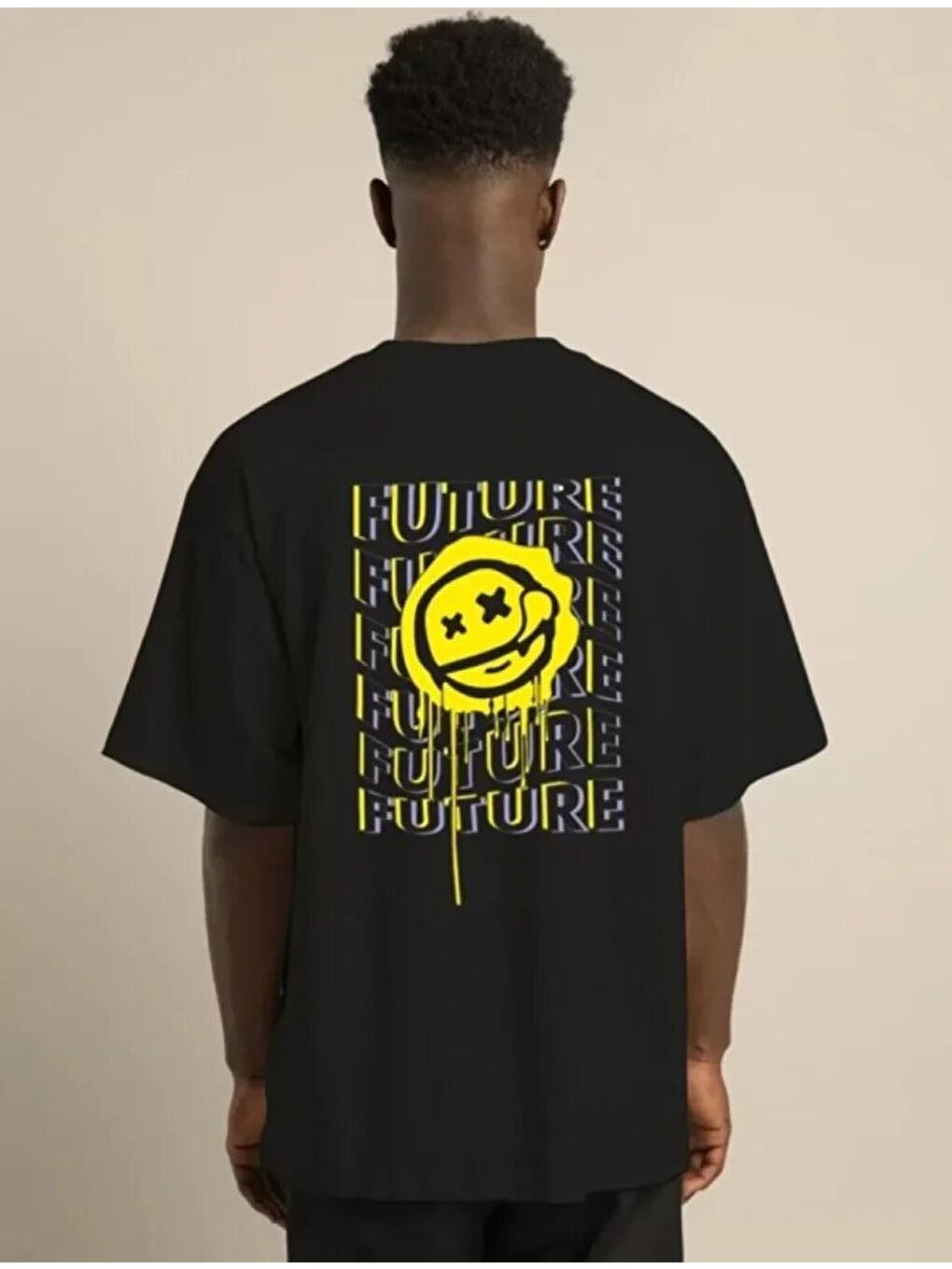 Unisex Bisiklet Yaka Baskılı Oversize T-Shirt - Siyah-3