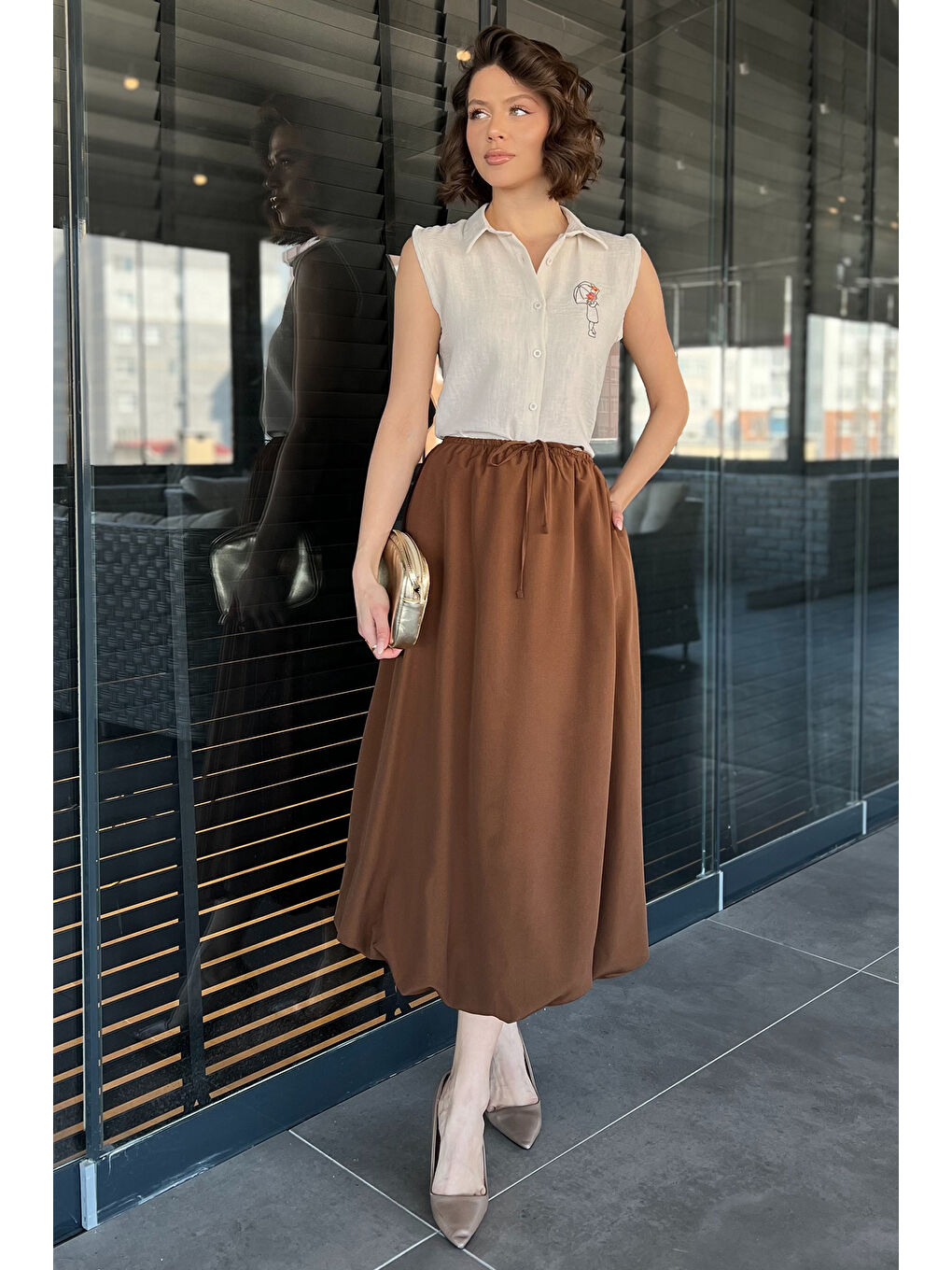 Kahverengi Kadın Bel Lastikli Cepli Balon Etek