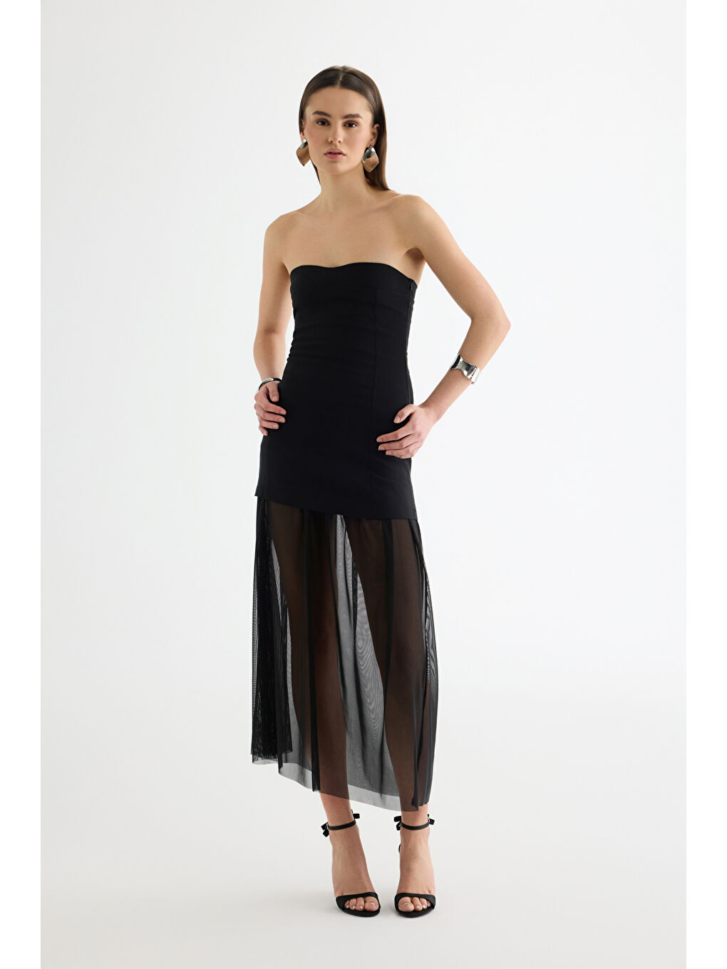 Straplez Kombine Midi Elbise Siyah-2