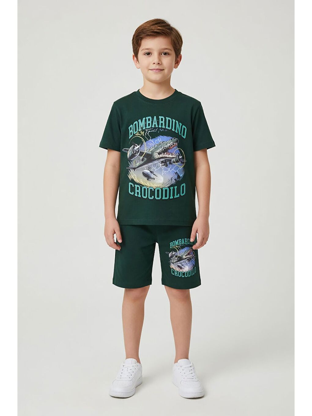 Yeşil Uçak Baskılı Yazılı Tişörtlü Erkek Çocuk Şortlu 2li Takım 23921