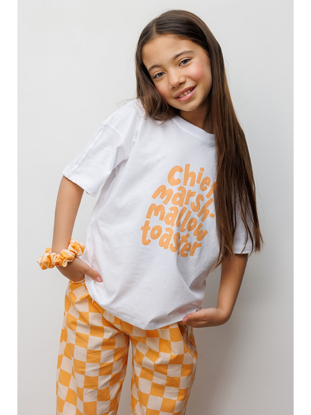 Turuncu Motto Baskılı Dama Desenli Çocuk Tişört Pantolon Takım - Lucia-3