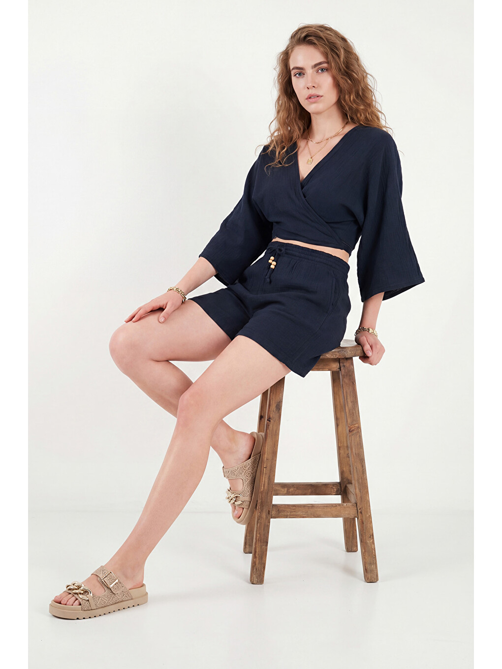 Lacivert Pamuklu Regular Fit Bağlamalı Crop Kimono 668YL2783-5
