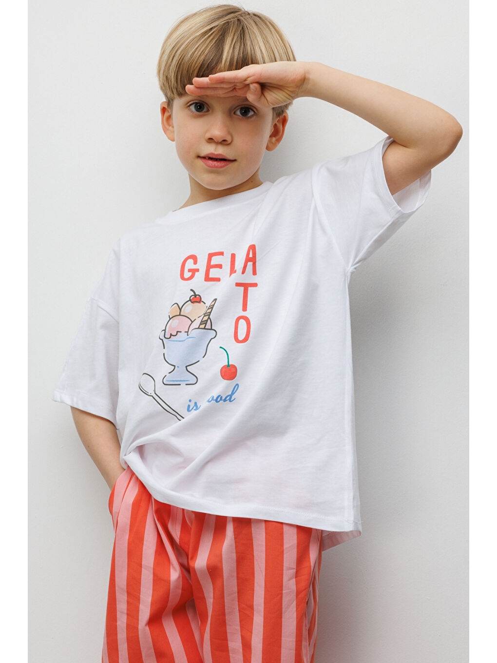 Kırmızı Gelato Baskılı Çizgi Desenli Çocuk Tişört Pantolon Takım - Edna-1