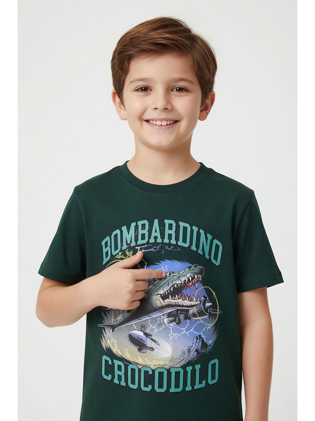 Yeşil Uçak Baskılı Yazılı Tişörtlü Erkek Çocuk Şortlu 2li Takım 23921-1