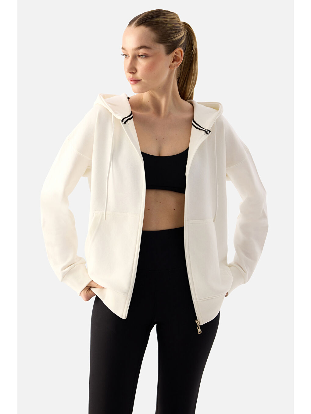 Ekru Luna Fermuarlı Kapüşonlu Krem Sweatshirt