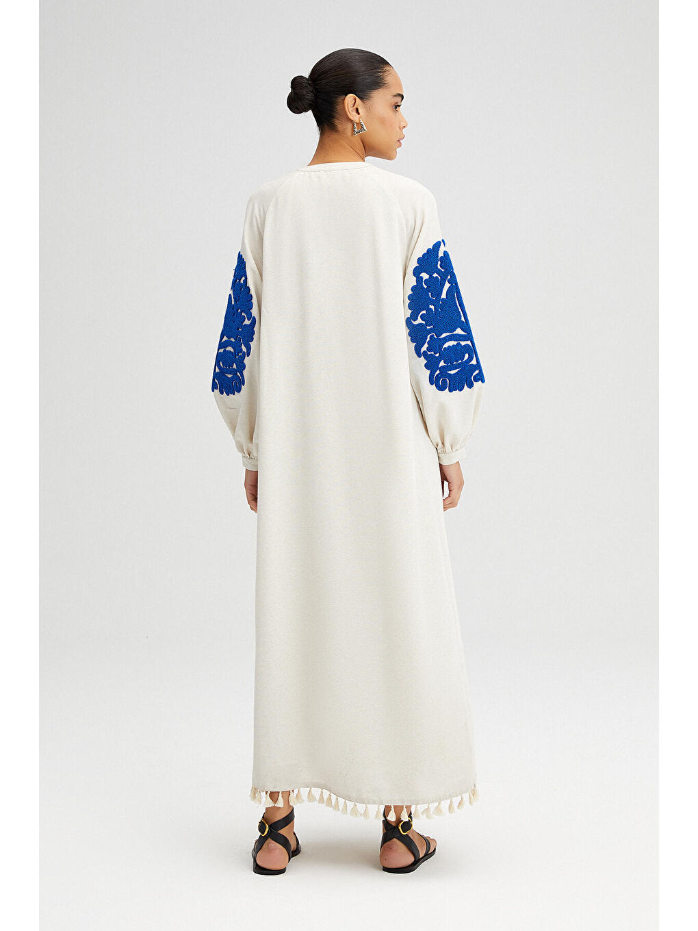 Bej Nakışlı Keten Elbise-5