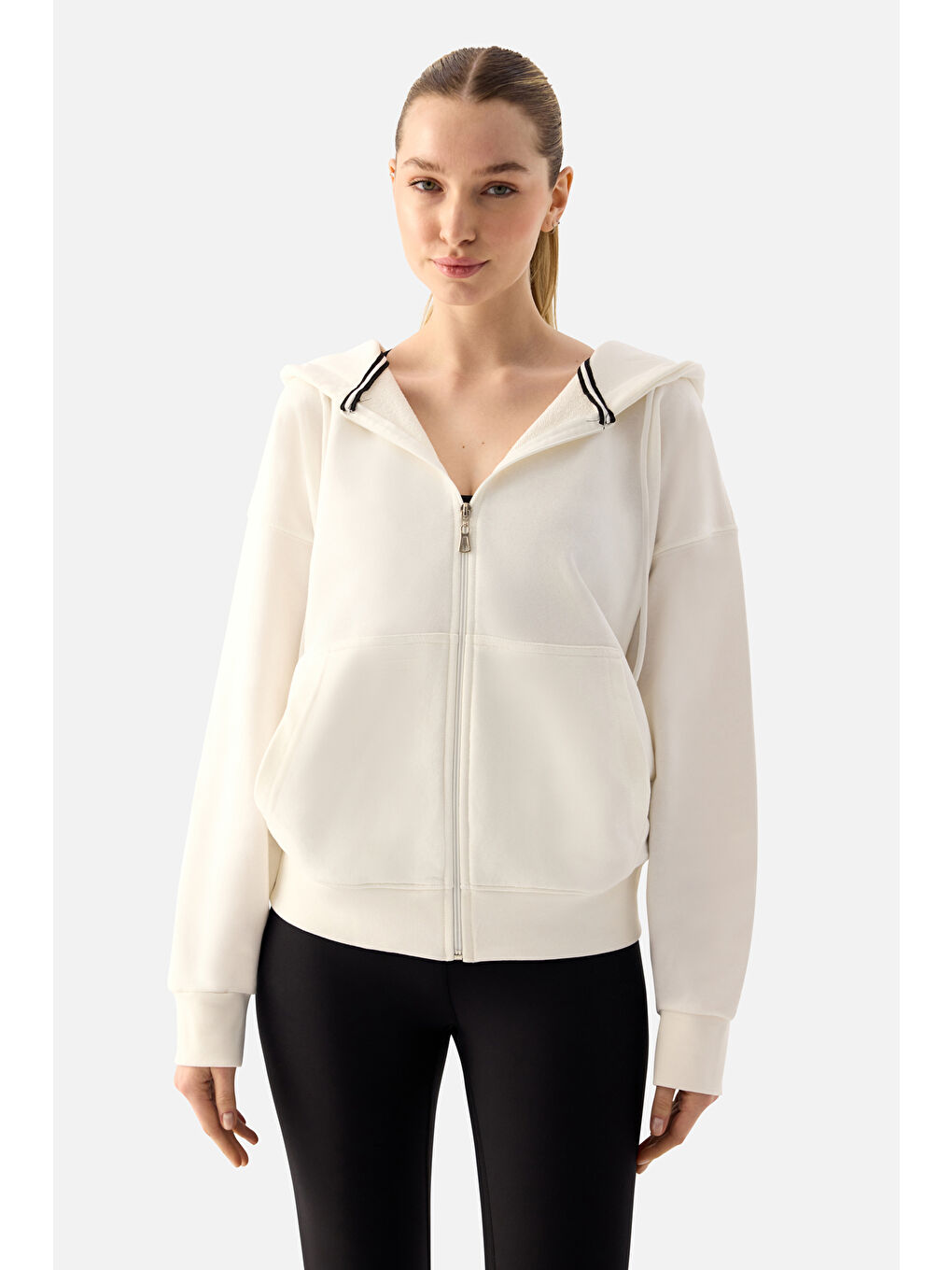 Ekru Luna Fermuarlı Kapüşonlu Krem Sweatshirt-1