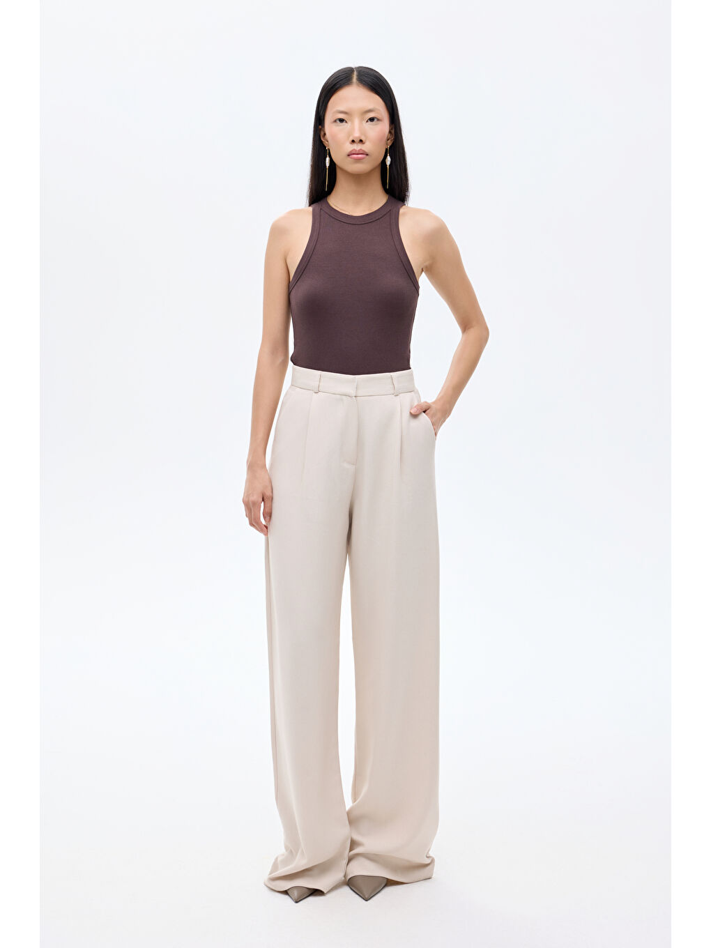 Bol Paça Palazzo Kumaş Pantolon Bej