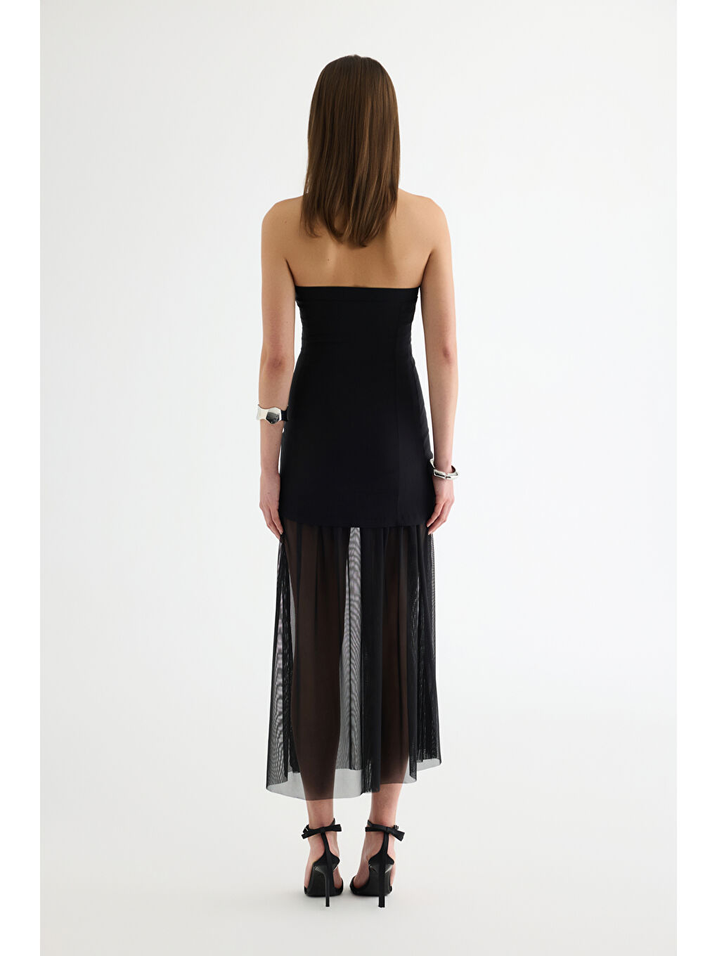 Straplez Kombine Midi Elbise Siyah-4