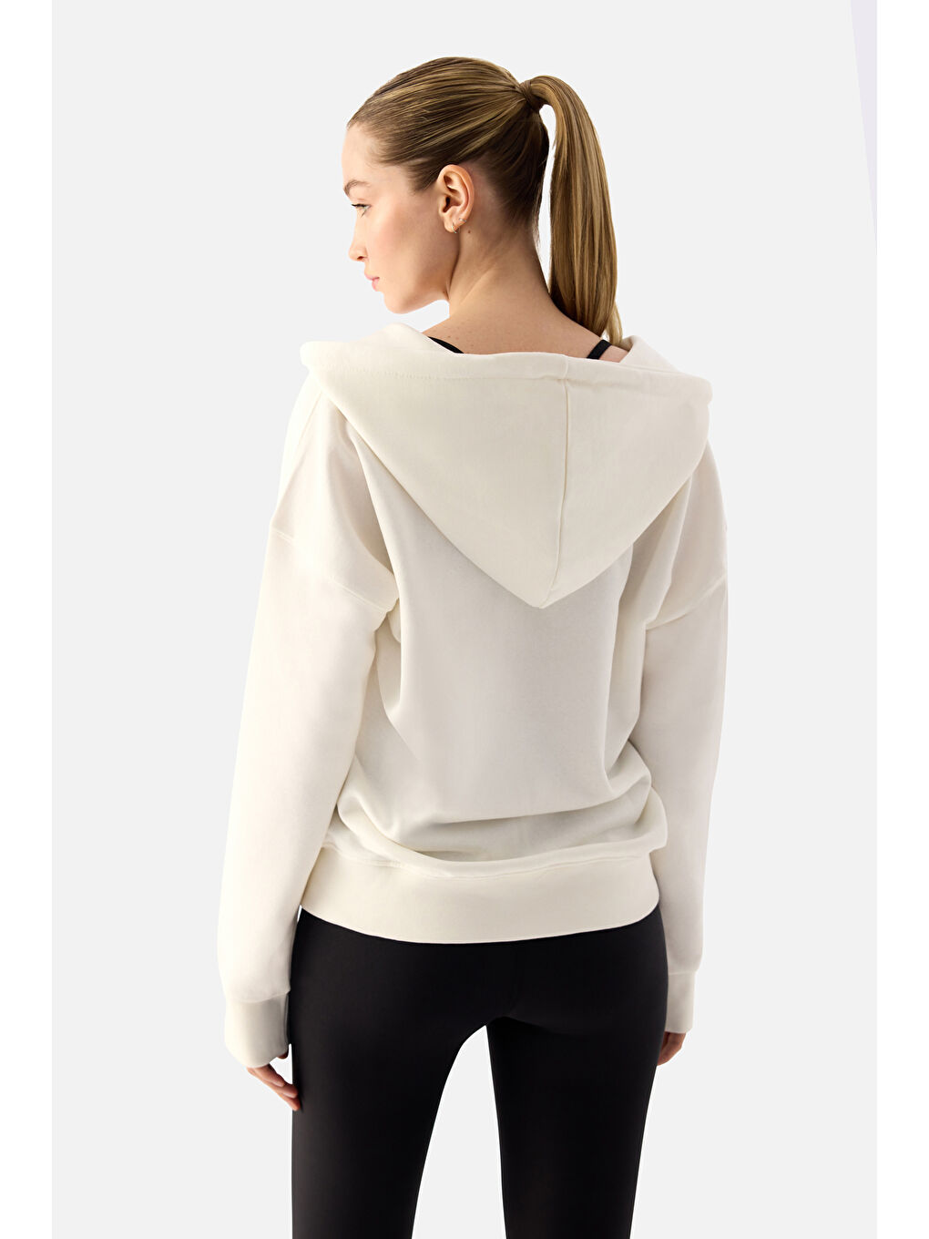 Ekru Luna Fermuarlı Kapüşonlu Krem Sweatshirt-2