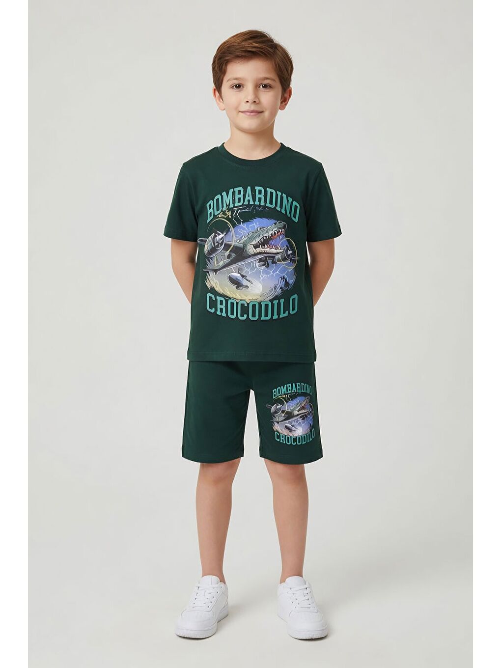 Yeşil Uçak Baskılı Yazılı Tişörtlü Erkek Çocuk Şortlu 2li Takım 23921-2