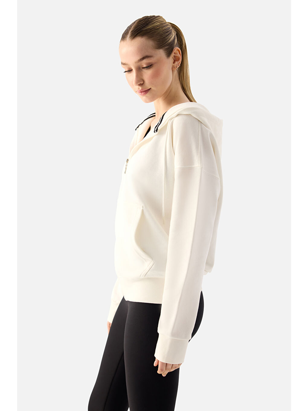 Ekru Luna Fermuarlı Kapüşonlu Krem Sweatshirt-3