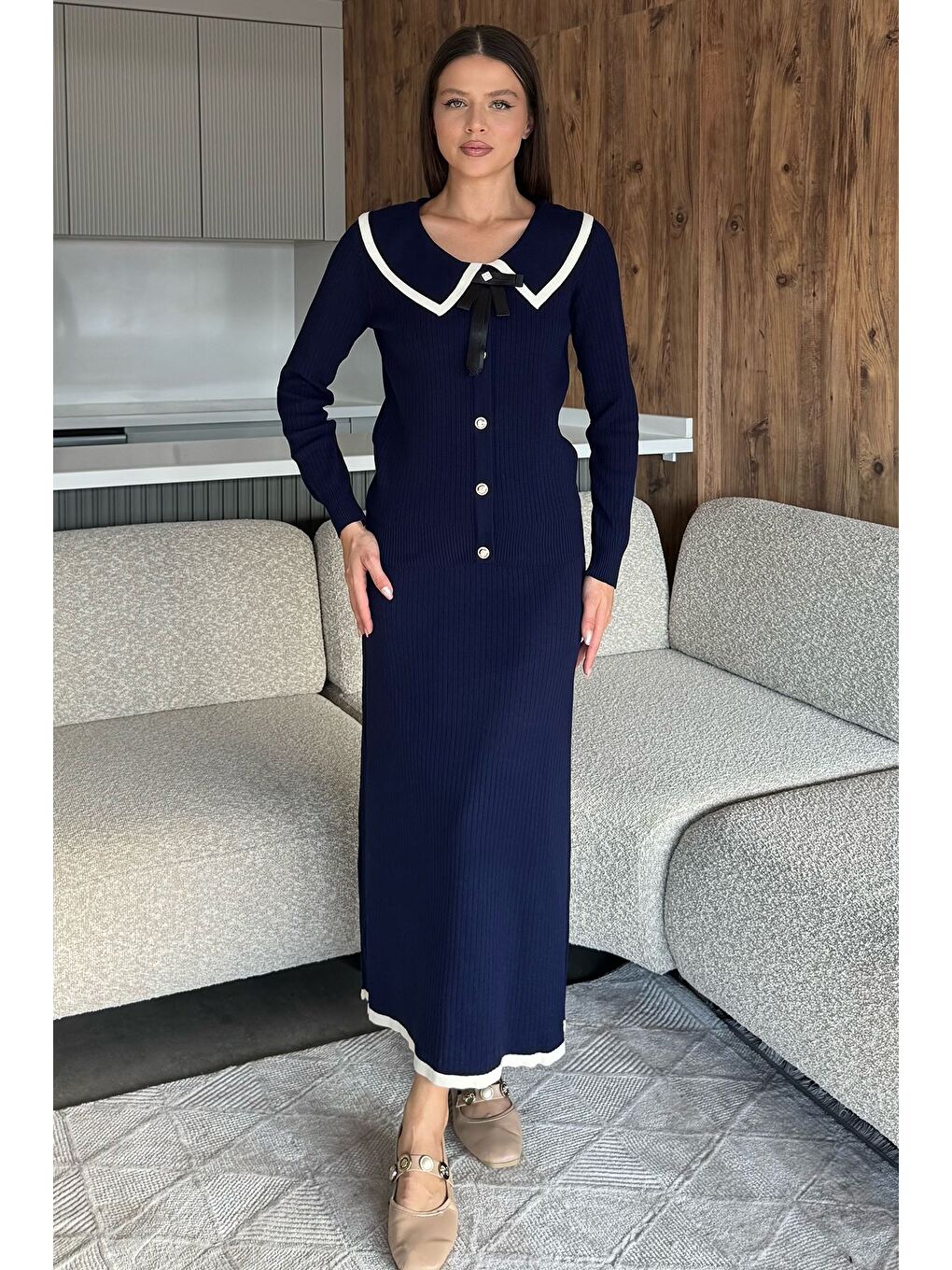 Lacivert Bebe Yaka Hırka Görünümlü Bluz Etek Triko İkili Takım