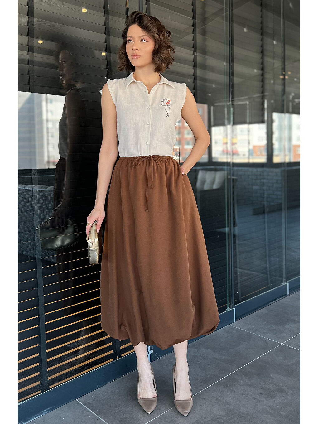 Kahverengi Kadın Bel Lastikli Cepli Balon Etek-1