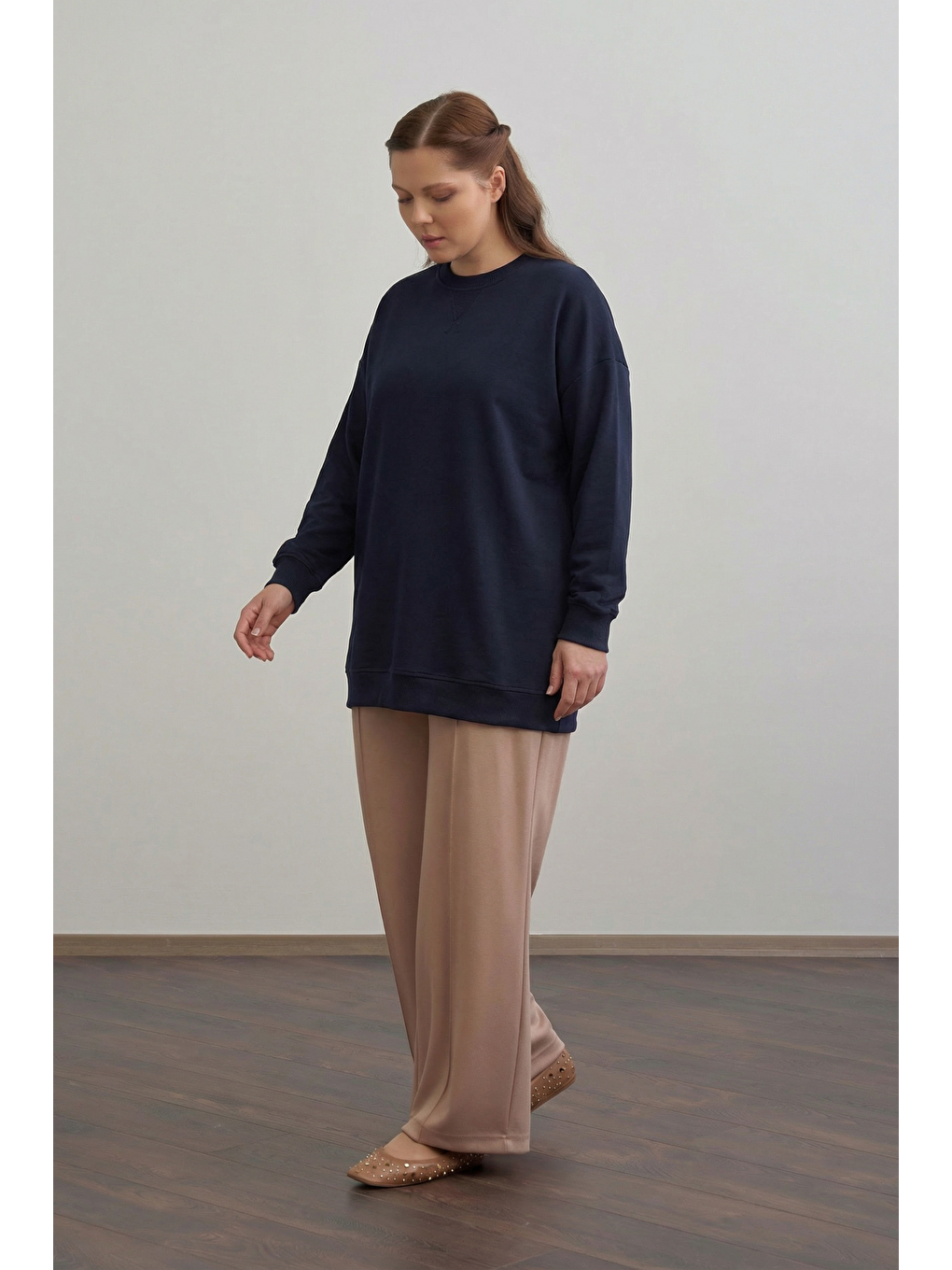 Lacivert-Pamuklu Kaşkorse Detaylı Büyük Beden Sweatshirt-1