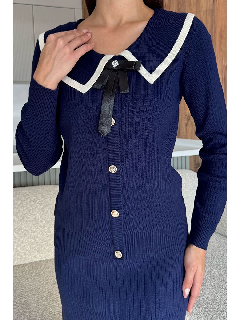 Lacivert Bebe Yaka Hırka Görünümlü Bluz Etek Triko İkili Takım-1