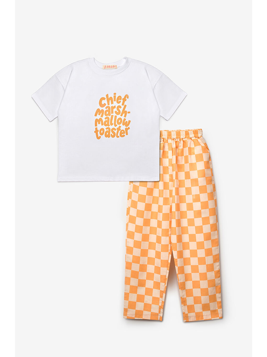 Turuncu Motto Baskılı Dama Desenli Çocuk Tişört Pantolon Takım - Lucia-4