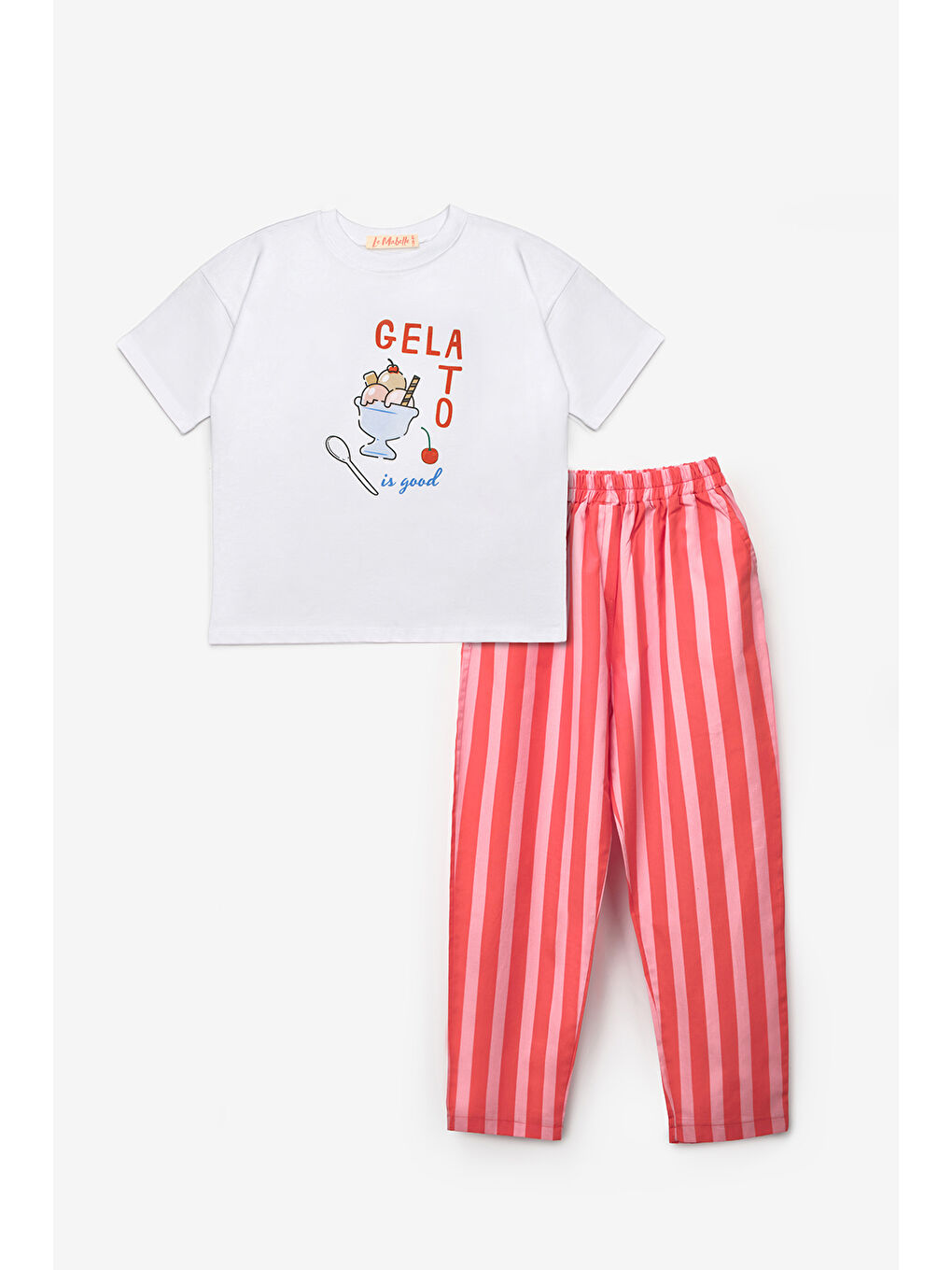 Kırmızı Gelato Baskılı Çizgi Desenli Çocuk Tişört Pantolon Takım - Edna-3