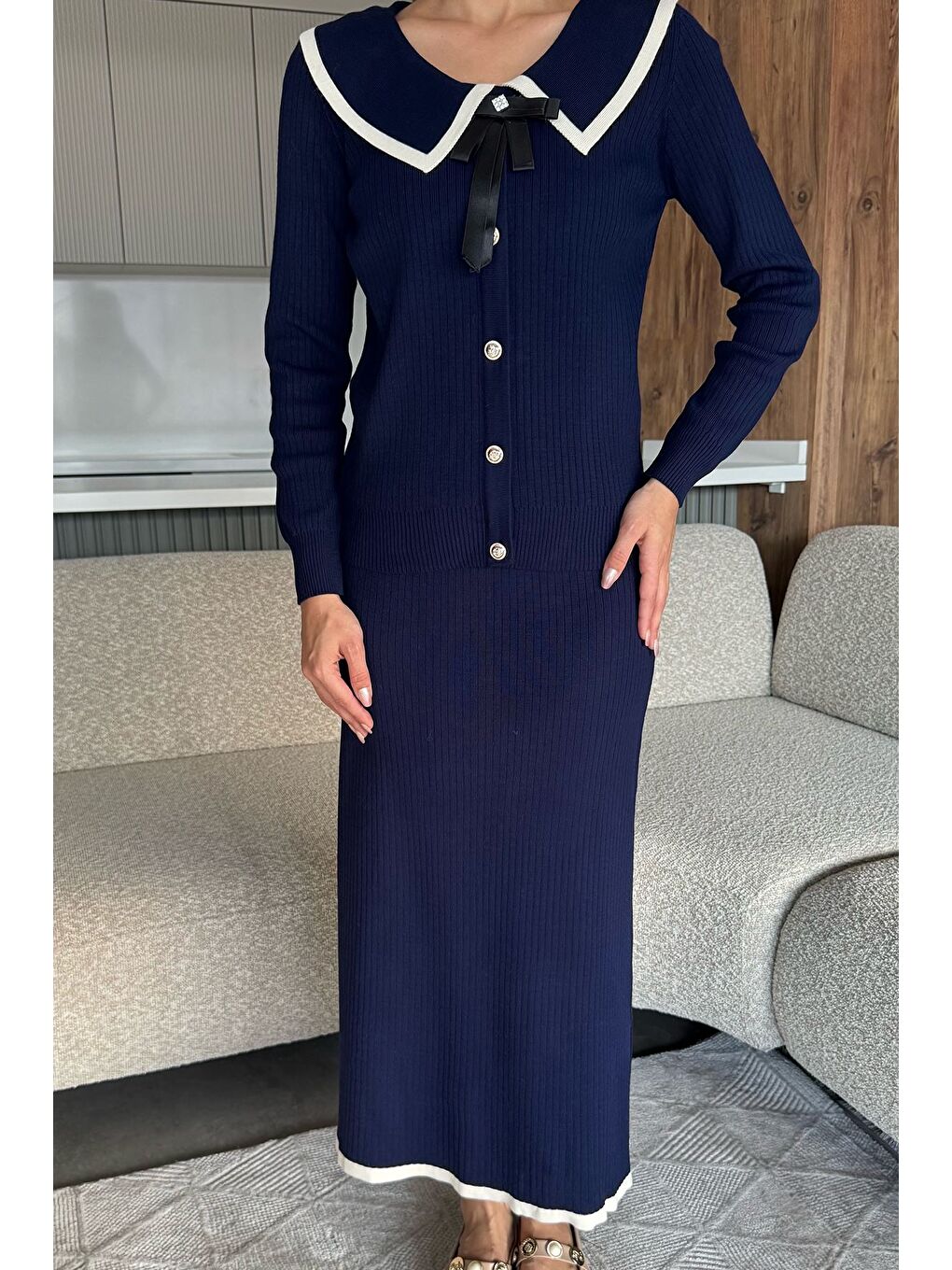 Lacivert Bebe Yaka Hırka Görünümlü Bluz Etek Triko İkili Takım-2