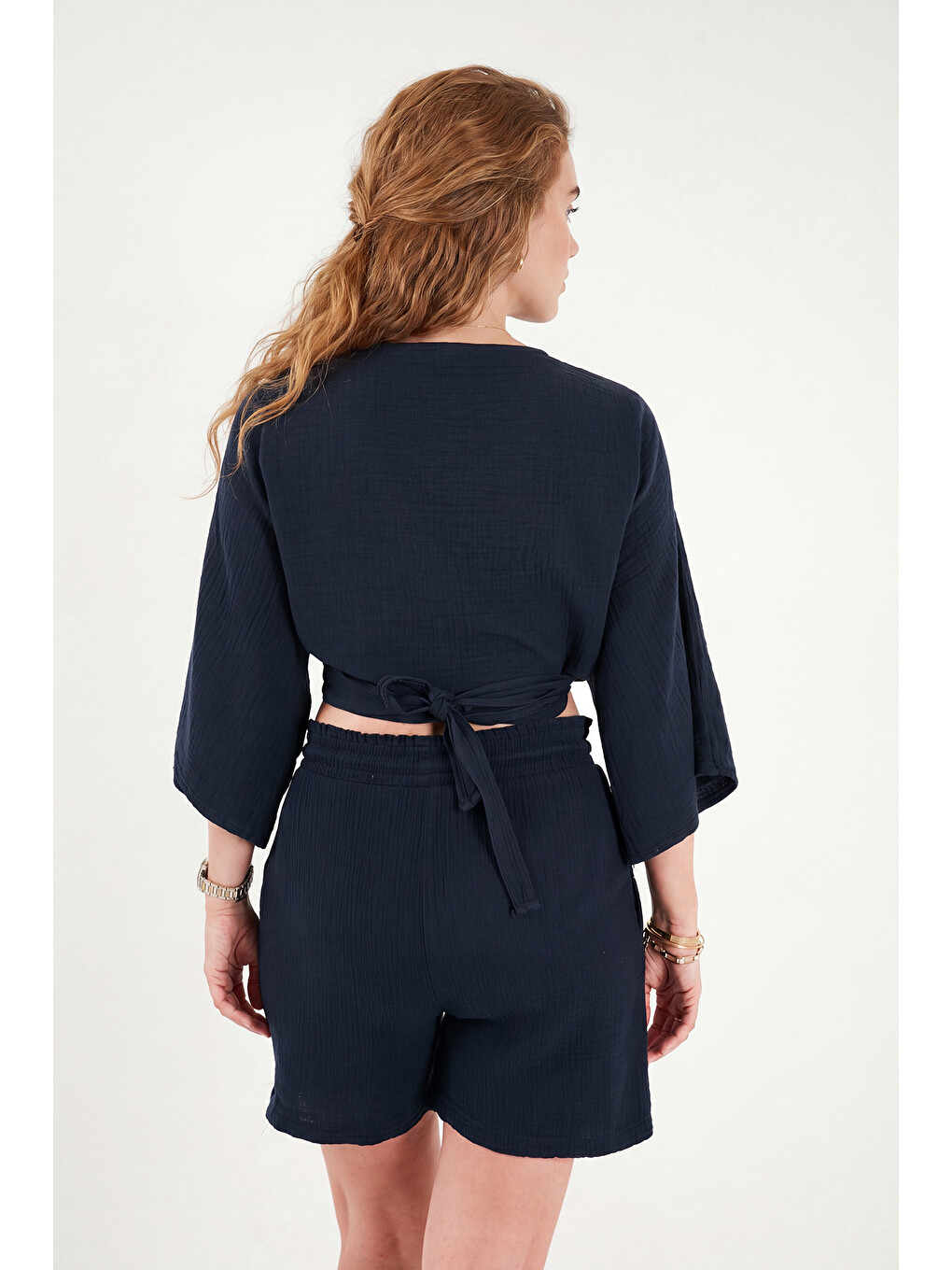 Lacivert Pamuklu Regular Fit Bağlamalı Crop Kimono 668YL2783-6