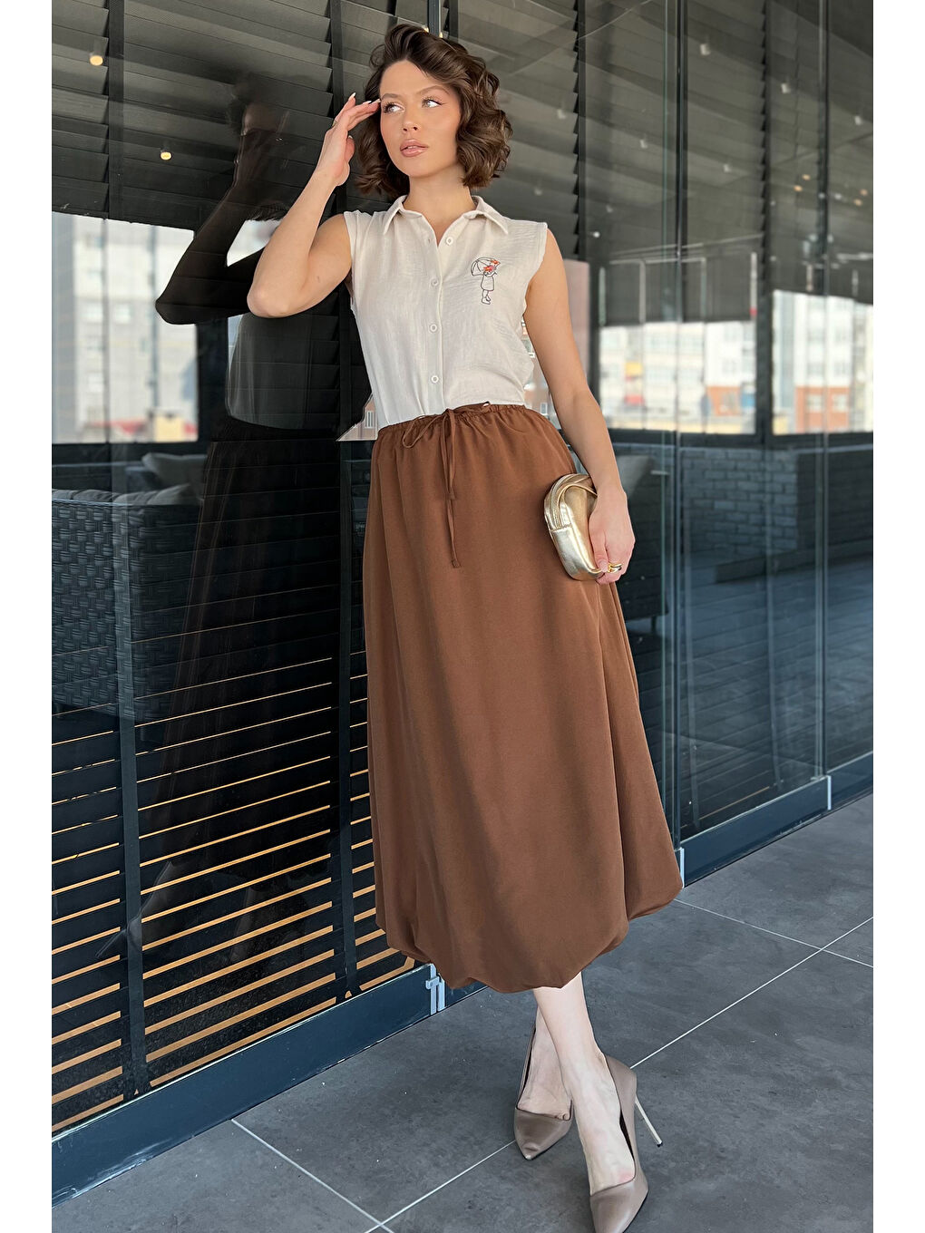 Kahverengi Kadın Bel Lastikli Cepli Balon Etek-2