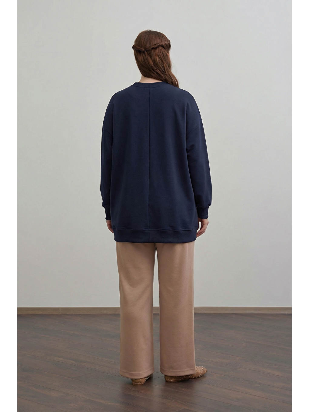 Lacivert-Pamuklu Kaşkorse Detaylı Büyük Beden Sweatshirt-2