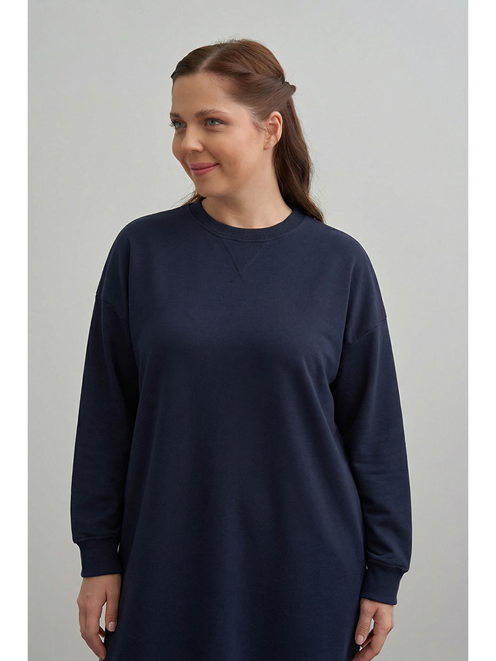 Lacivert-Pamuklu Kaşkorse Detaylı Büyük Beden Sweatshirt-3