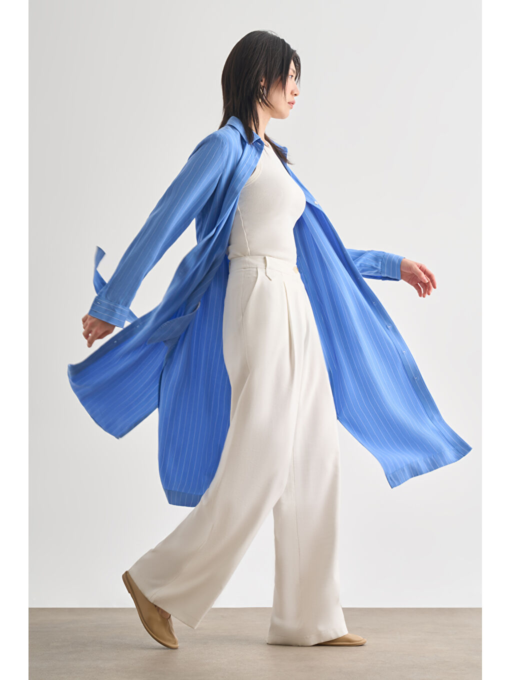 Mavi İnce Çizgili Kuşaklı Midi Gömlek Elbise-1