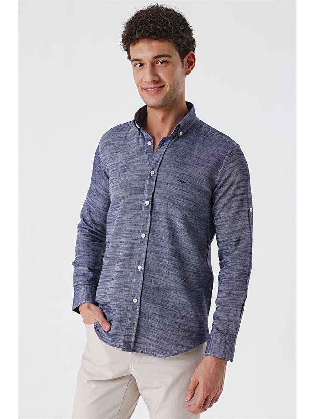 Koyu Lacivert Kısalabilir Kollu Gabardin Cepsiz Casual Slim Fit Gömlek 1004230180