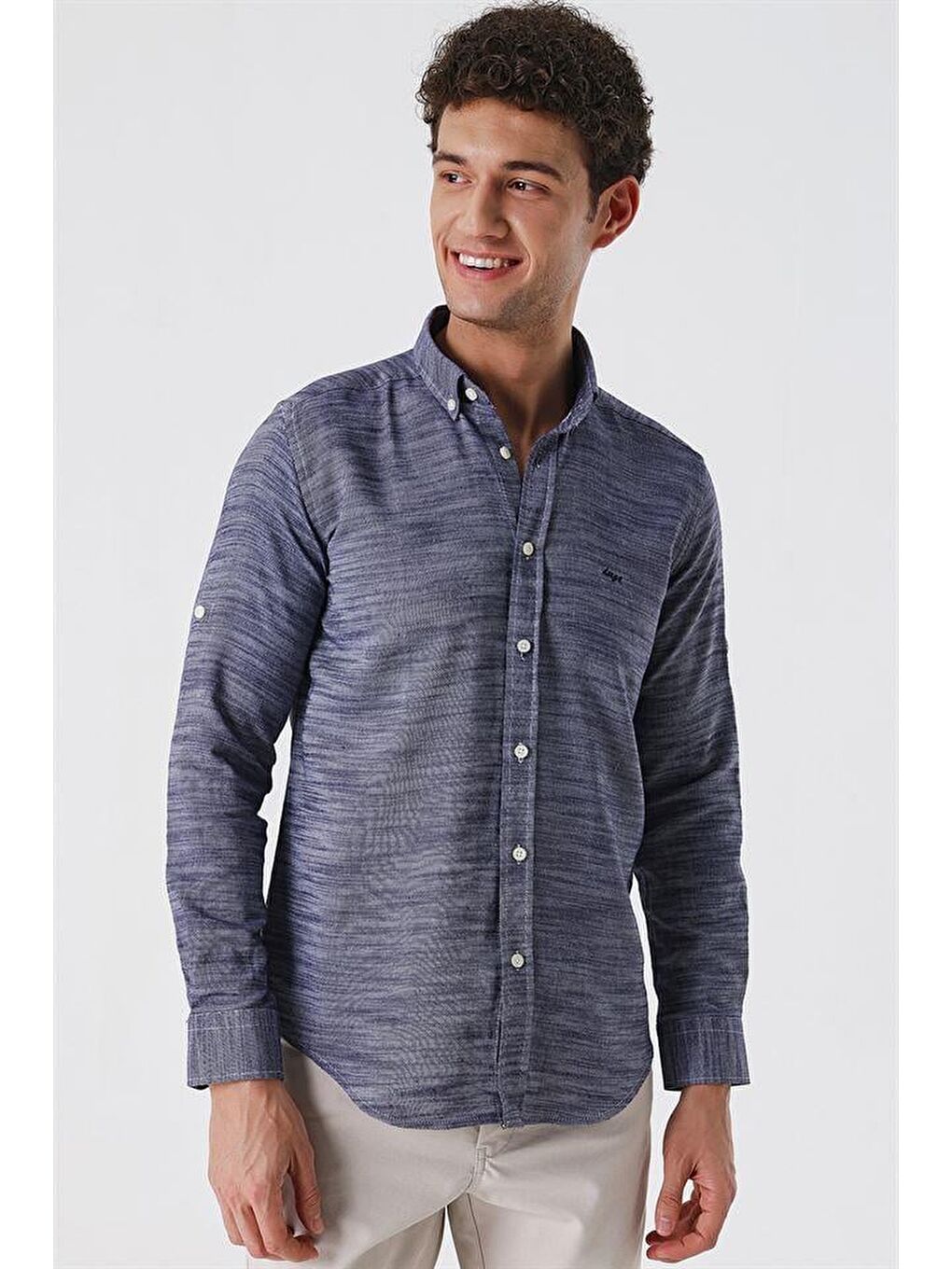 Koyu Lacivert Kısalabilir Kollu Gabardin Cepsiz Casual Slim Fit Gömlek 1004230180-1