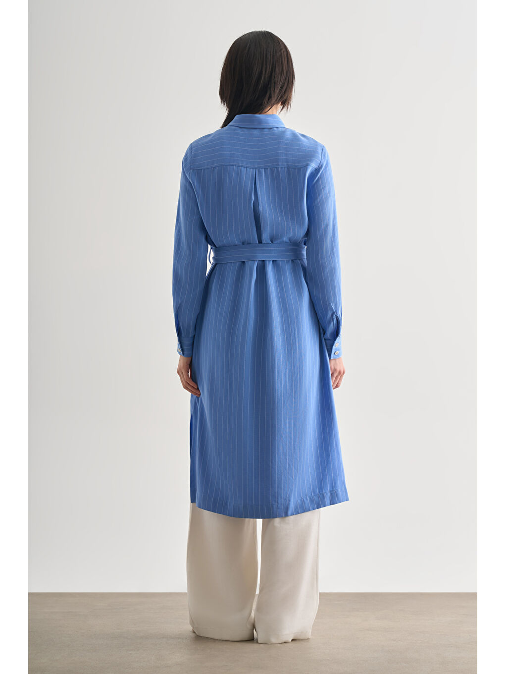 Mavi İnce Çizgili Kuşaklı Midi Gömlek Elbise-4