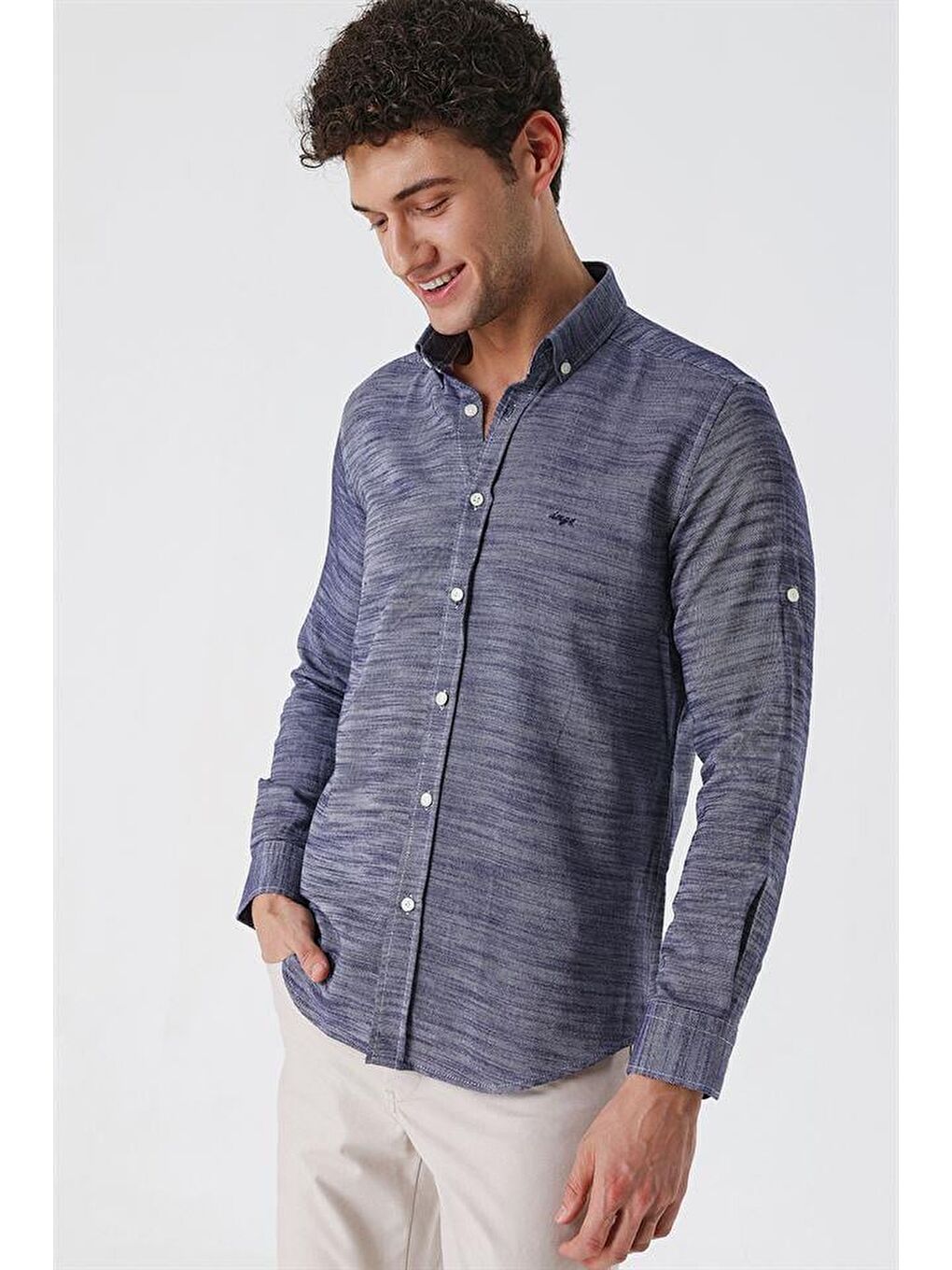 Koyu Lacivert Kısalabilir Kollu Gabardin Cepsiz Casual Slim Fit Gömlek 1004230180-2