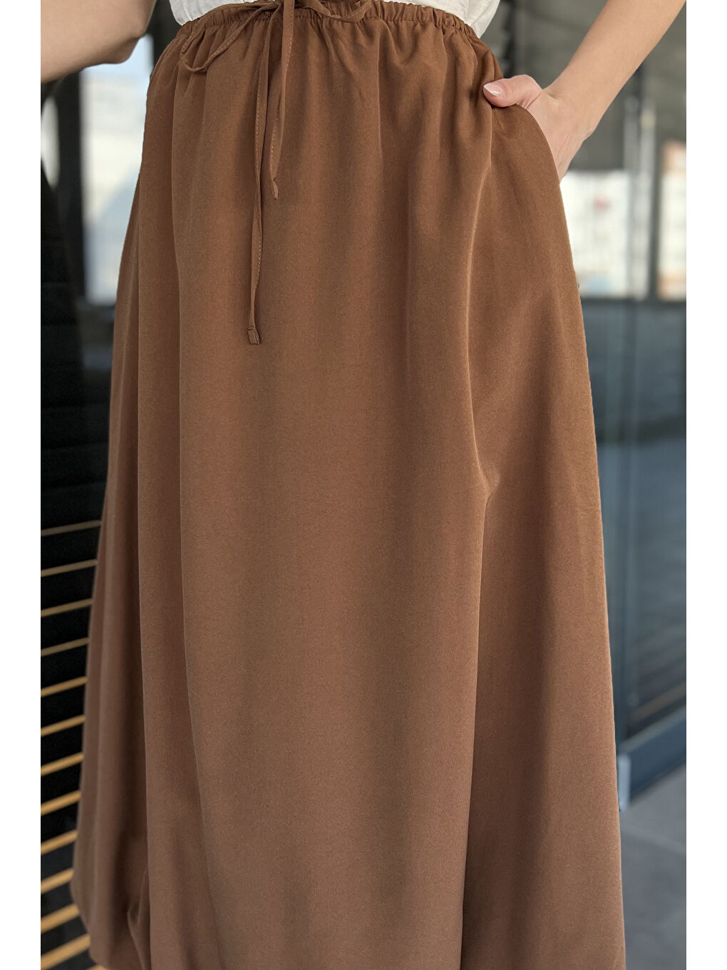 Kahverengi Kadın Bel Lastikli Cepli Balon Etek-4