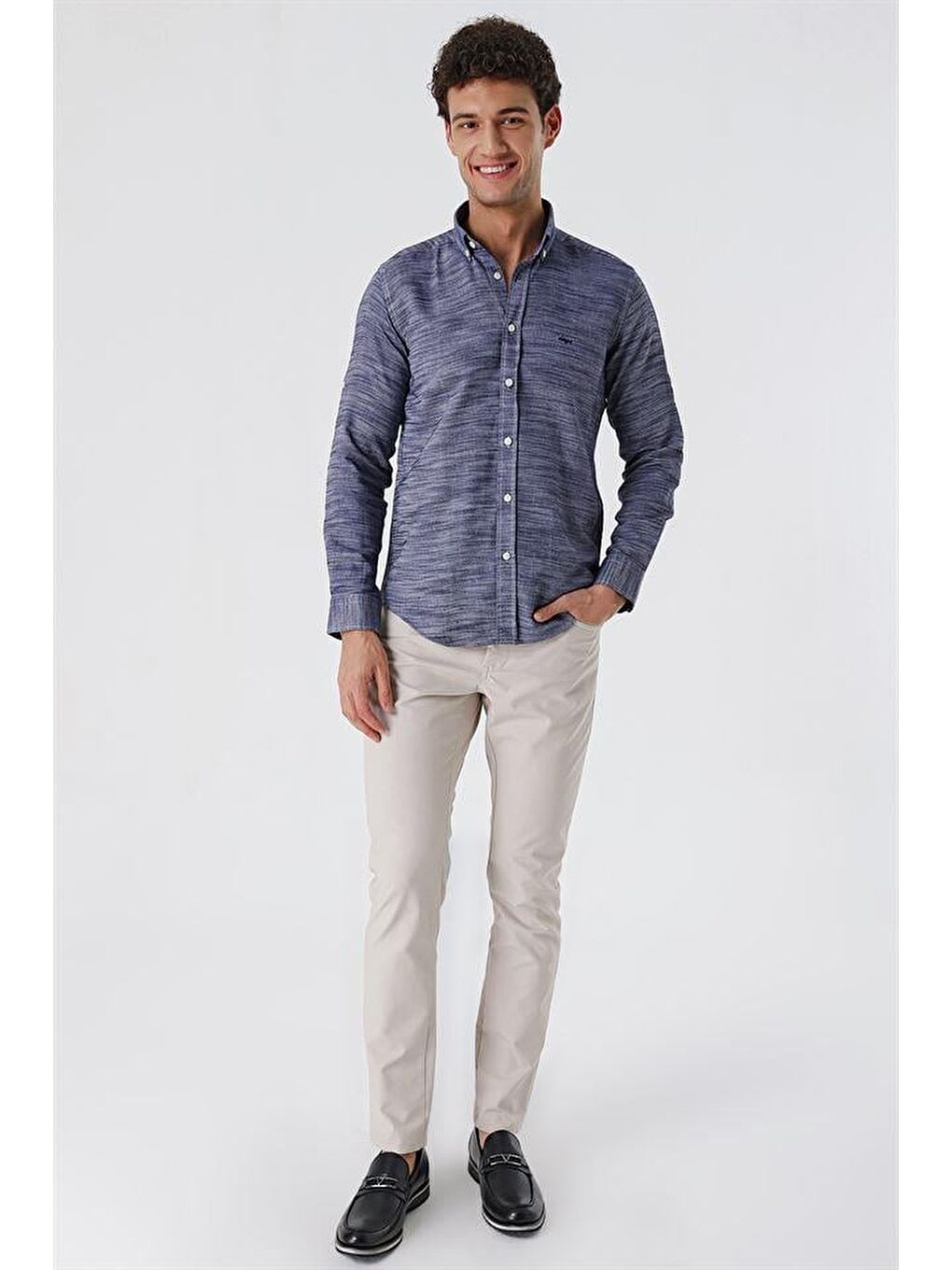 Koyu Lacivert Kısalabilir Kollu Gabardin Cepsiz Casual Slim Fit Gömlek 1004230180-3