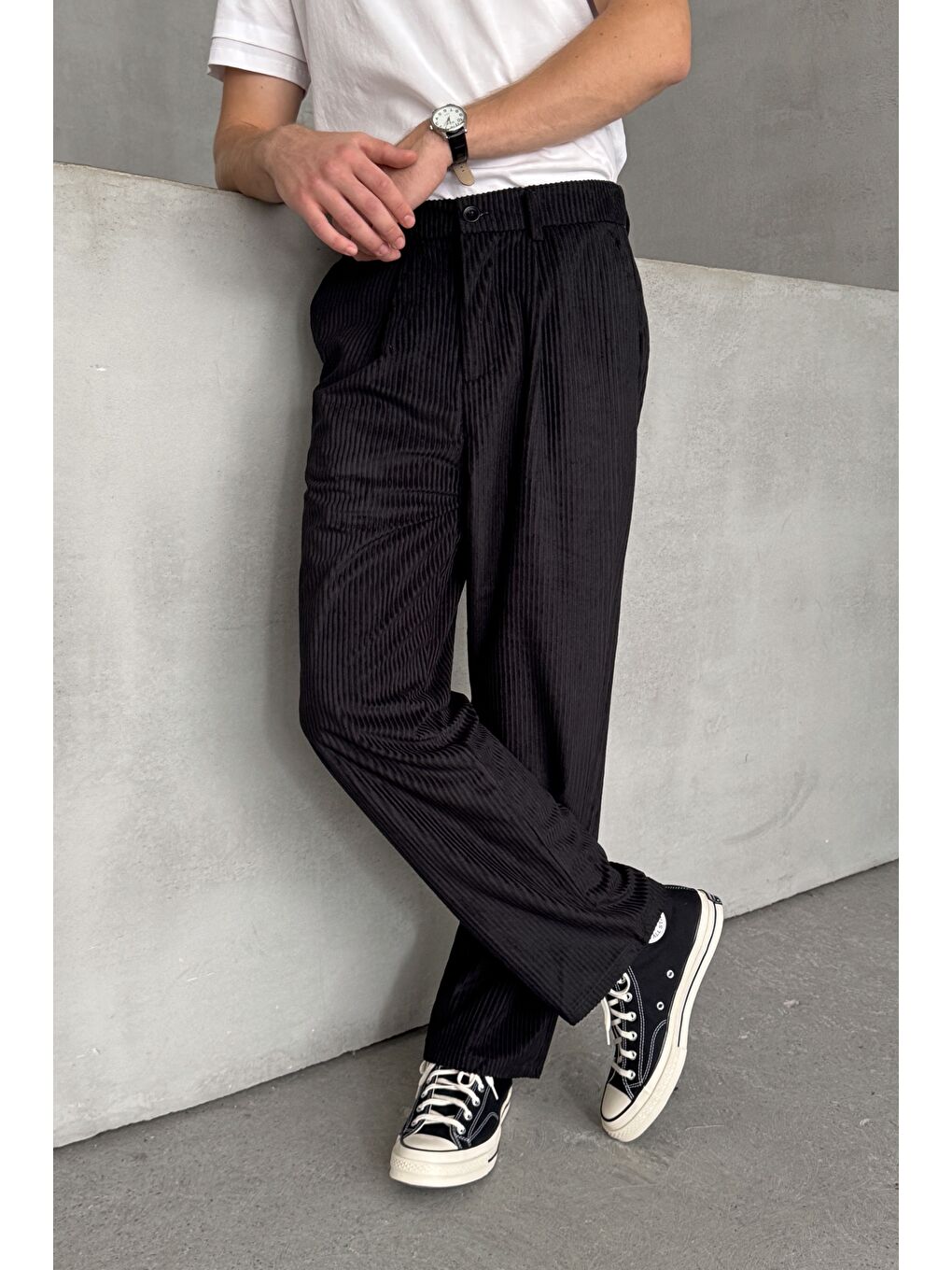 Siyah Erkek Pileli Baggy Kalıp Kadife Pantolon-2