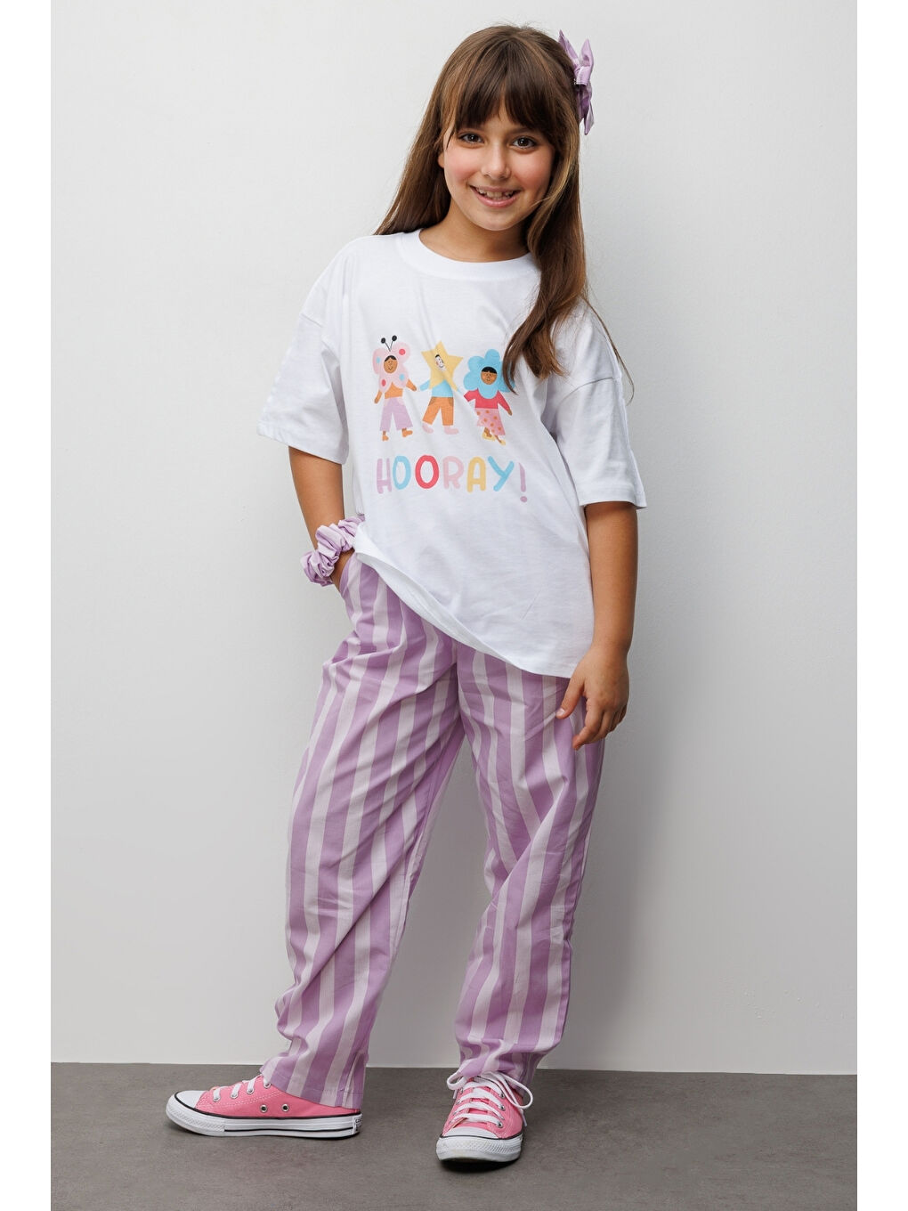 Lila Hooray Baskılı Çizgi Desenli Çocuk Tişört Pantolon Takım - Edna-2