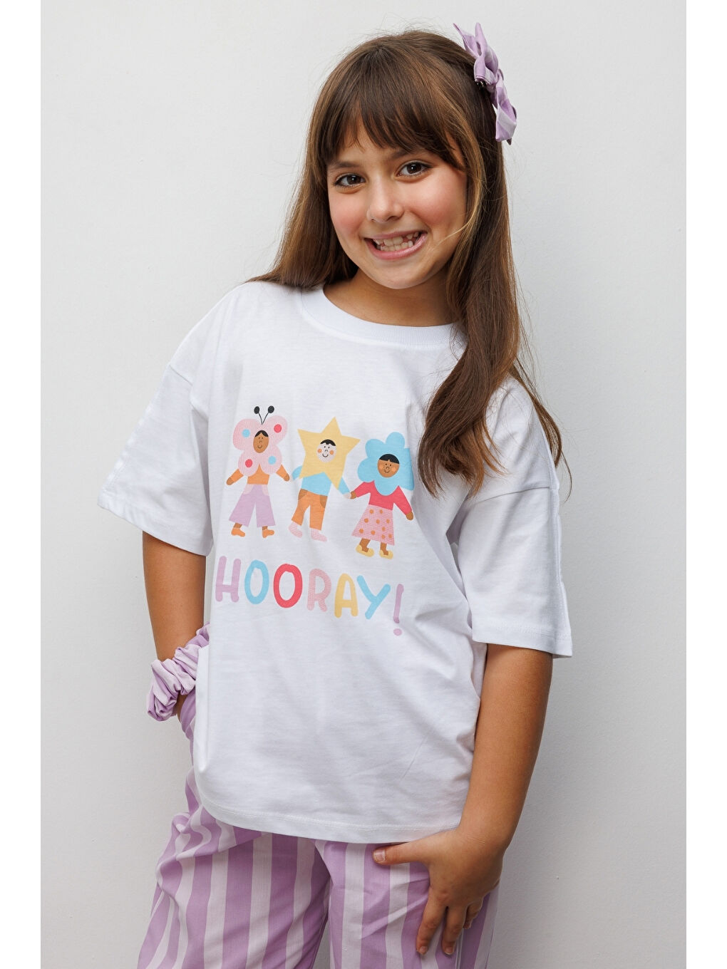 Lila Hooray Baskılı Çizgi Desenli Çocuk Tişört Pantolon Takım - Edna-3