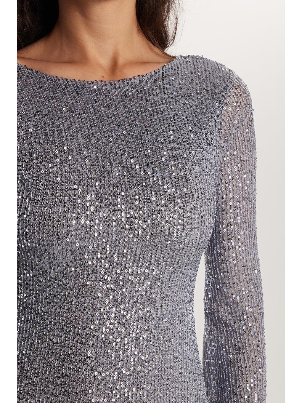 Kadın Slim Fit Dar Kesim Uzun Kol Bisiklet Yaka Düz Gri Elbise-2