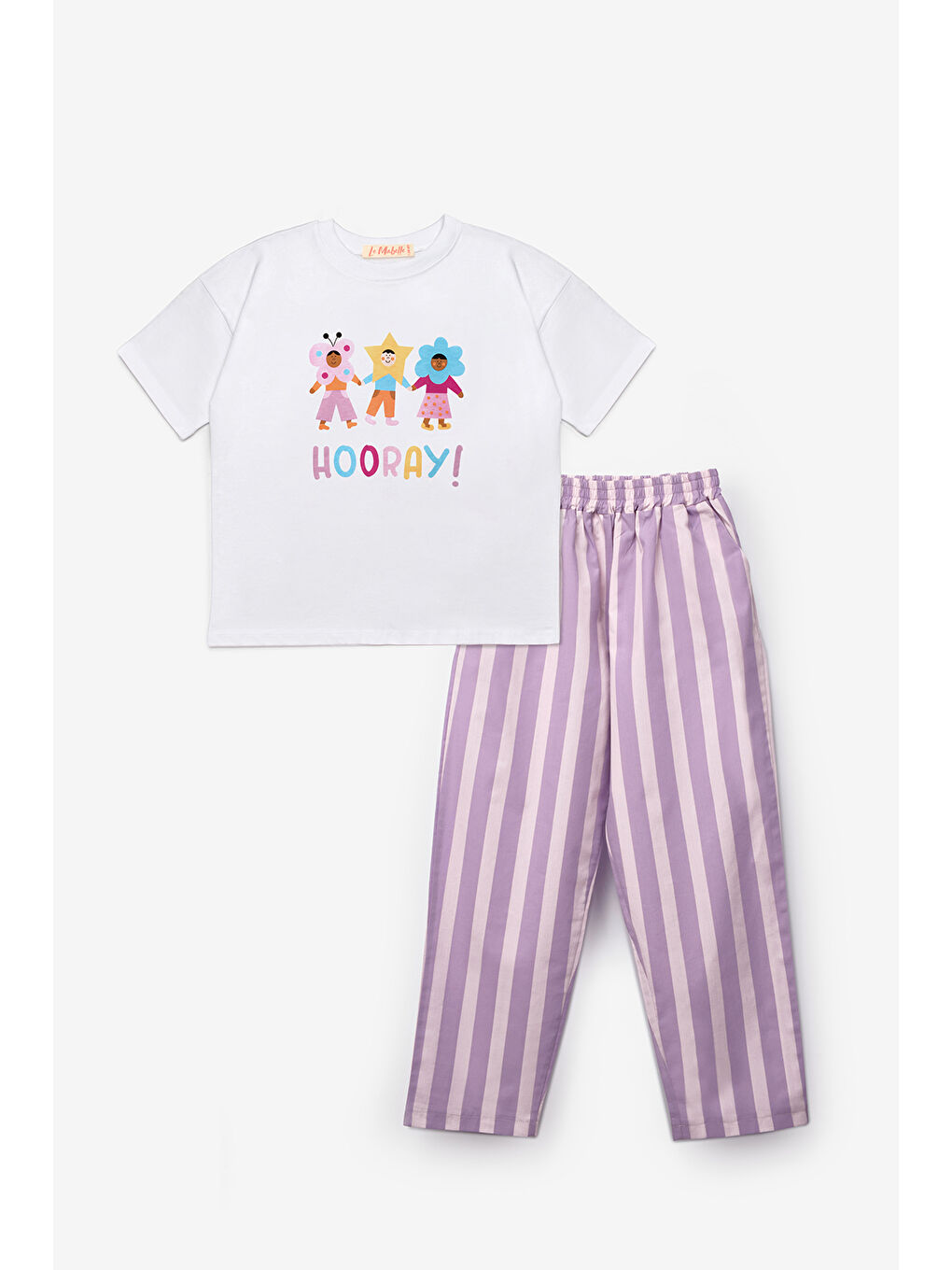 Lila Hooray Baskılı Çizgi Desenli Çocuk Tişört Pantolon Takım - Edna-4