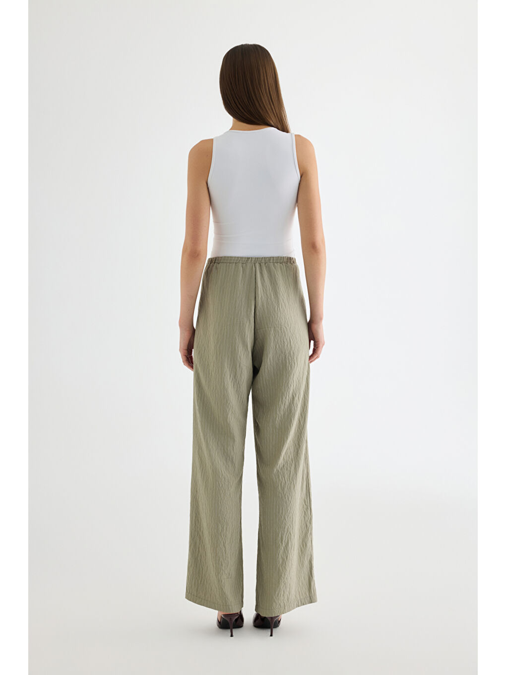 Çizgili Bağcıklı Bol Paça Pantolon Haki-4