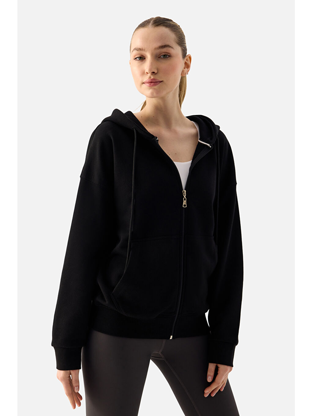Luna Fermuarlı Kapüşonlu Siyah Sweatshirt-2