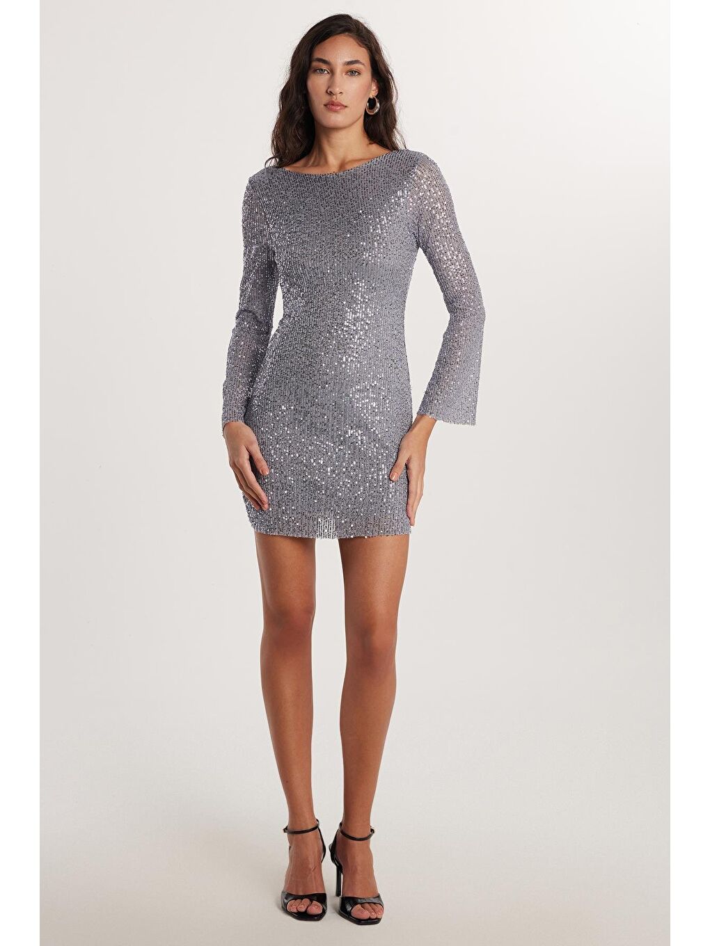 Kadın Slim Fit Dar Kesim Uzun Kol Bisiklet Yaka Düz Gri Elbise-3