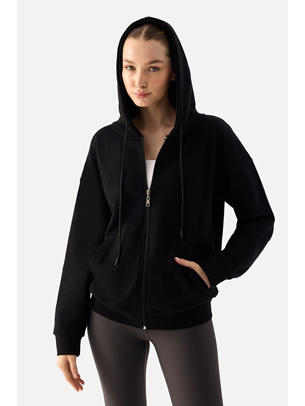 Luna Fermuarlı Kapüşonlu Siyah Sweatshirt-3